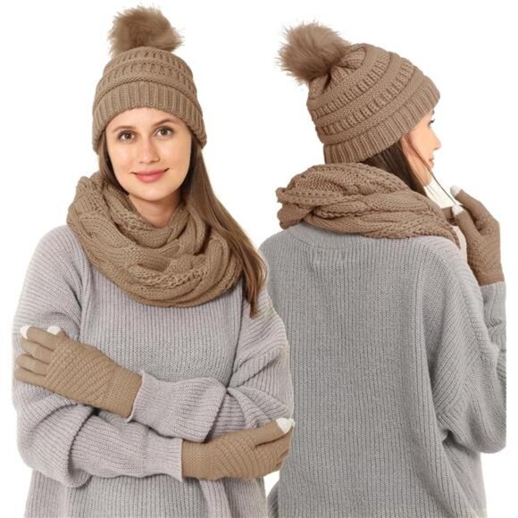 3pcs Women's Winter Beanie Hat Scarf and Touch Screen Gloves Set - Picture 5 of 5